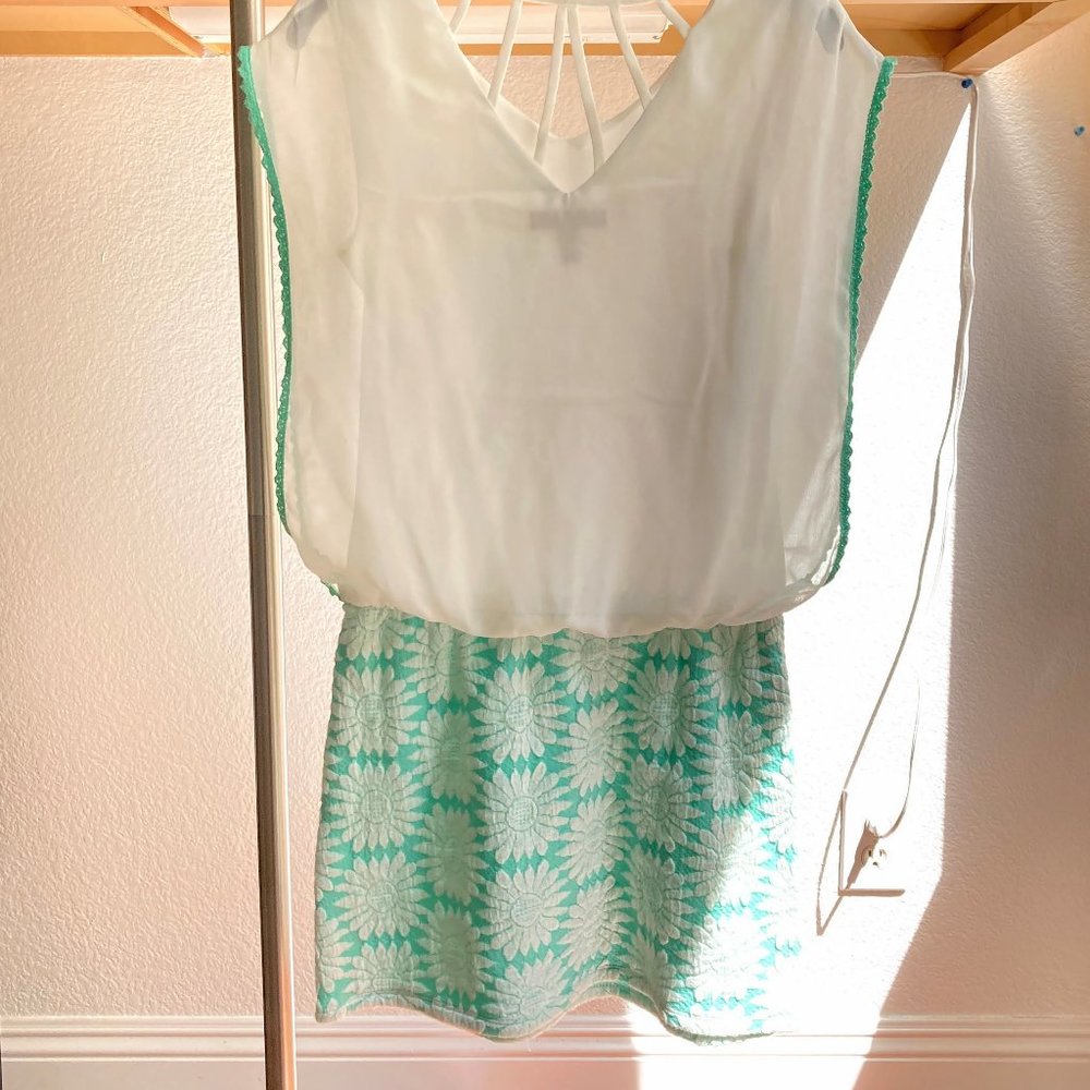 White and light teal dress